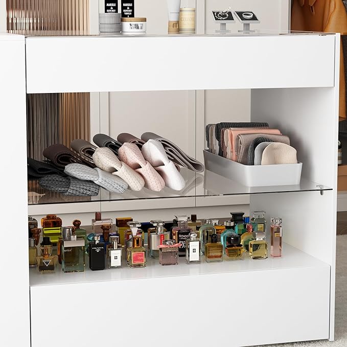 Homsee Wardrobe Armoire Bedroom Island with Glass Top, Glass Display Shelf & 6 Drawers, Wooden Closet Storage Cabinet with Open Shelves for Bedroom, Shops, White