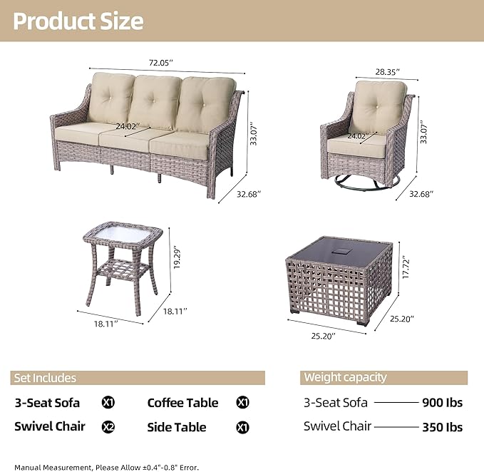 HOOOWOOO 5 Piece Patio Furniture Conversation Sets with Swivel Rocking Chairs,Outdoor Wicker Furniture with LED Tablet,All Weather Resistant High Back Rattan Conversational Set(Beige Tan)