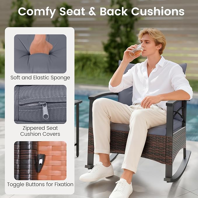 Tangkula 3 Pieces Outdoor Rocking Chairs Set, Rattan Heavy Duty Cushioned Rocker Chairs with 2-Tier Tempered Glass Coffee Table, for Garden, Balcony, Backyard (Gray) - Image 7