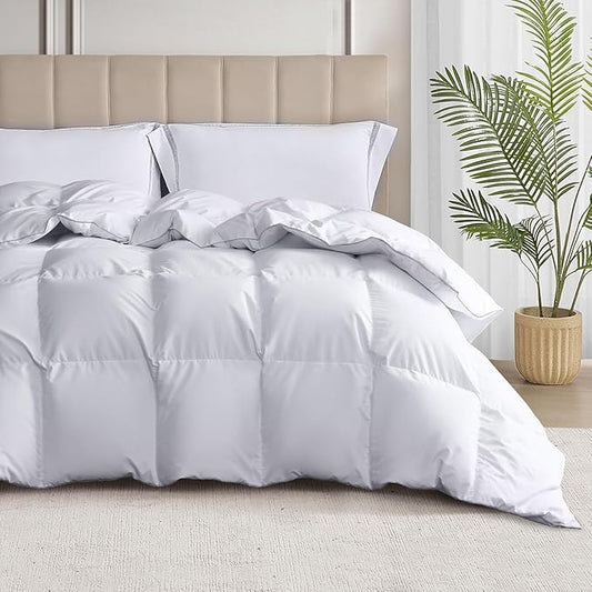 Martha Stewart White Goose Down and Feather Comforter King Size - All Season Warmth Fluffy Duvet Insert with Corner Tabs - Bedding Comforter with 100% Cotton Cover - 106 x 90 Inch