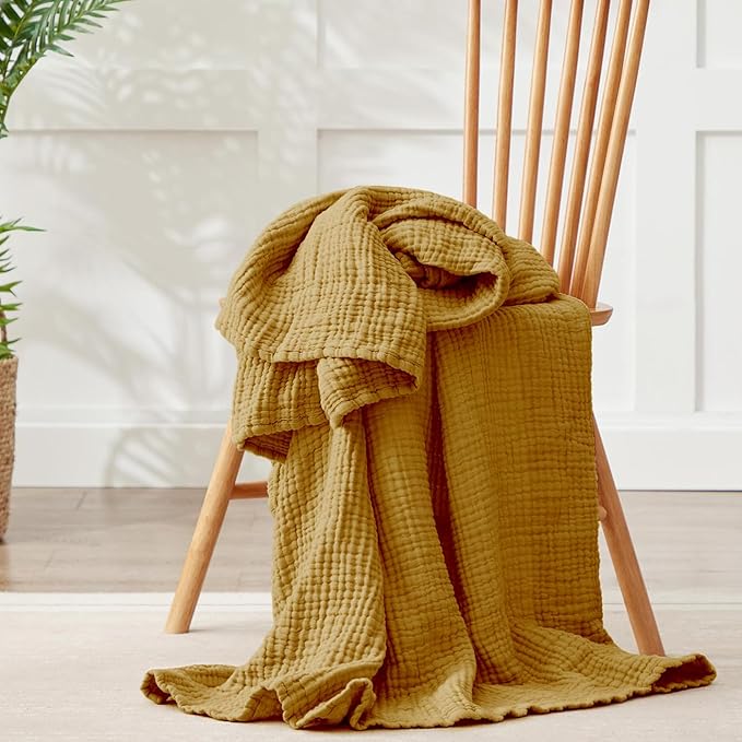 100% Cotton Muslin Blanket Large 50"x 70", 6 Layers Breathable and Lightweight Cotton Throw Blankets for Couch, Soft Cooling Summer Gauze Blanket for Adults All Season, Mustard