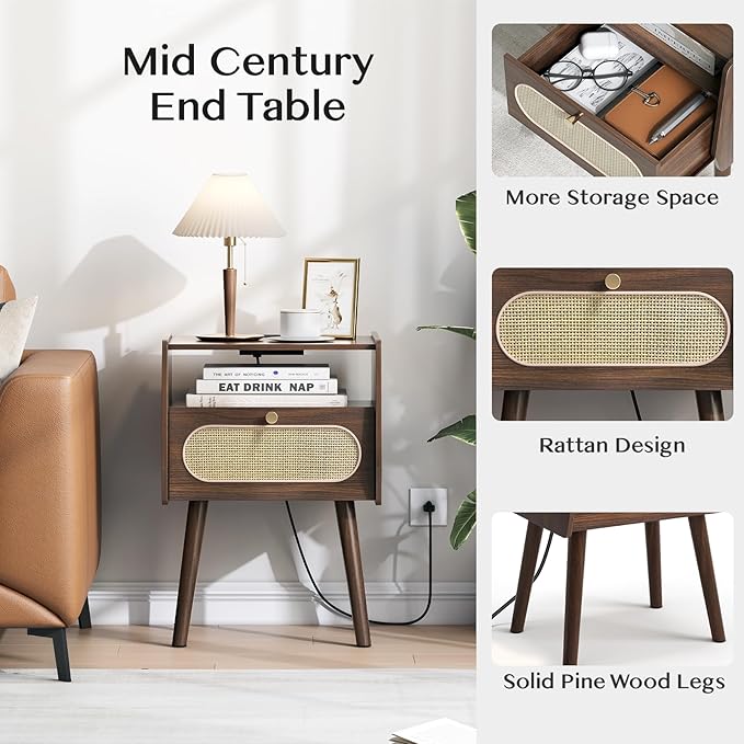 Nightstand Set of 2, Rattan Night Stands with Charging Station, Mid Century Modern Bedside Table with Drawer, Boho Dark Brown End Table with Storage, Wood Side Table for Bedroom, Dark Walnut - Image 5