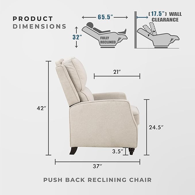 Lexicon Push Back Recliner Chair Living Room, Reclining Sofa Chair, Modern Recliner, Fabric Recliner Arm Seat for Living Room/Office/Apartment, Beige