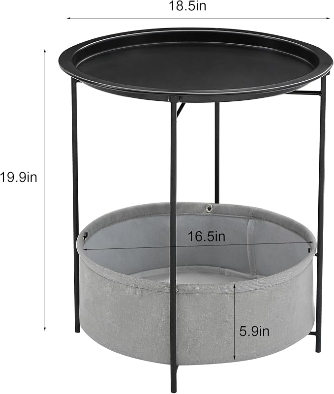 VECELO Round Side/End Table with Fabric Storage Basket，Metal Anti-Rust and Waterproof Small Bedside Nightstand with Removable Tray Top for Living Room，Balcony & Laundry，Black /2pcs with Basket - Image 3