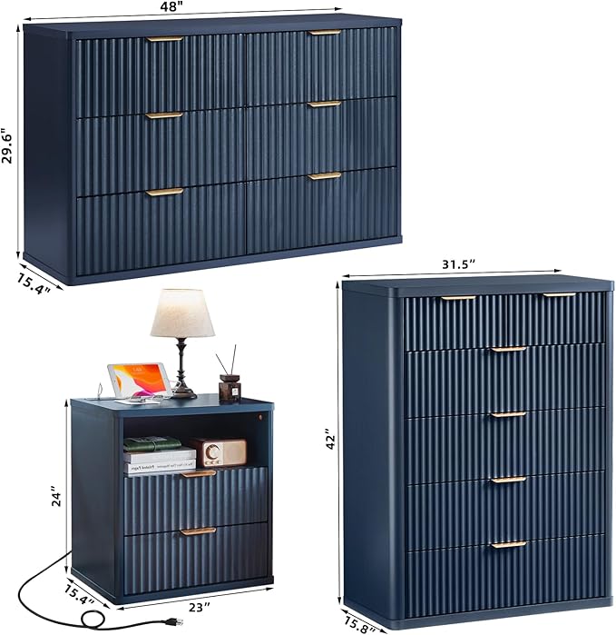 LEYAOYAO Fluted Dressers & Nightstand Set of 3, Wood 48" Wide Dresser & 42" Tall Chest of Drawers,Modern Bedroom Furniture Sets, Navy Blue Wooden Nightstand with 2 Drawers & Charging Station