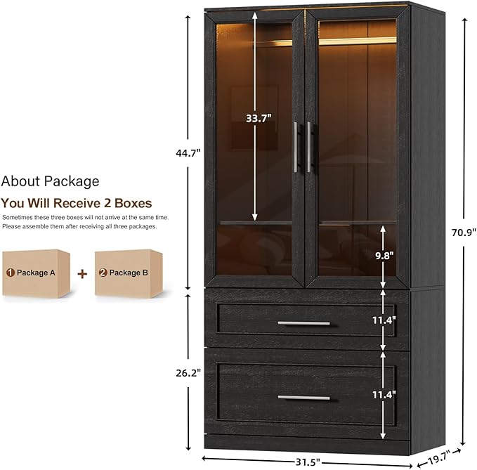 PAKASEPT Armoire Wardrobe Closet Door and Drawers, Bedroom Closet Wardrobe Cabinet with Hanging Rod, Lighted Freestanding Armoire Storage Cabinet for Bedroom Cloakroom (Black)