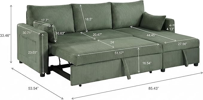 Casaphoria 85" Corduroy Sleeper Sofa with Pull Out Bed & Storage Chaise, L-Shaped Sectional Couch for Small Apartment, Living Room & Guest Room, 3-Seat Convertible Sofa Bed, Olive Drab