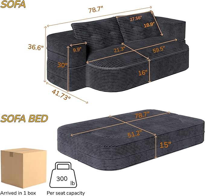 78.7" Convertible Sofa Bed, 2-in-1 Folding Floor Couch with 2 Pillows and Blanket, Plush Corduroy Fabric Sleeper Sofa for Living Room and Bedroom, No Assembly Required (Dark Grey)