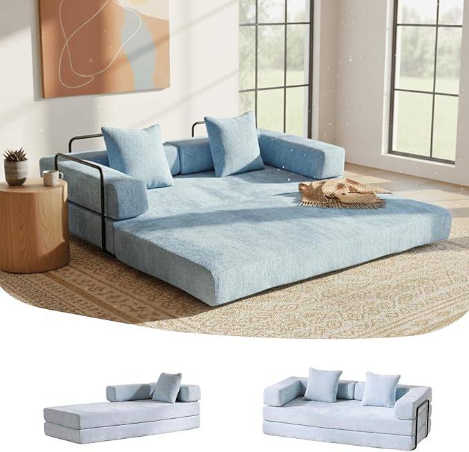 4-in-1 Folding Convertible Sofa Bed, 77" Floor Couch with Pillow - Chenille Fabric & High-Density Sponge & Fixed-Shape Frame, Modular Sofa for Living Room/Lounge/Studio, Blue