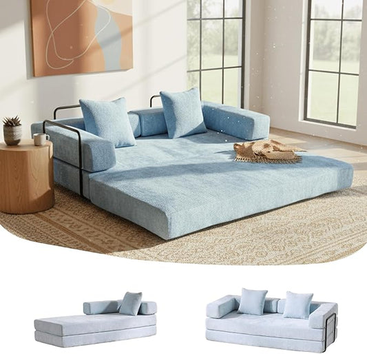 4-in-1 Folding Convertible Sofa Bed, 77" Floor Couch with Pillow - Chenille Fabric & High-Density Sponge & Fixed-Shape Frame, Modular Sofa for Living Room/Lounge/Studio, Blue