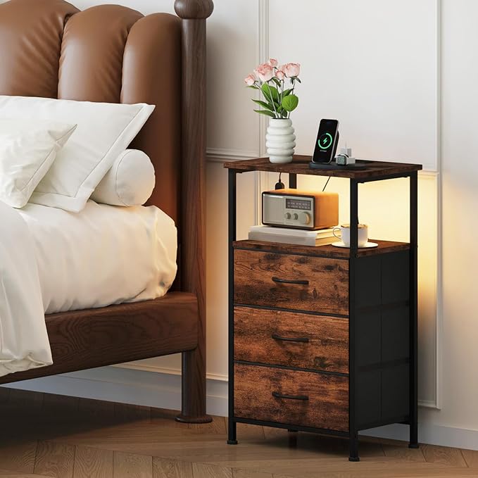 Somdot Tall Nightstand with Charging Station and LED Light for Bedroom, 3 Drawers Dresser with Fabric Bins for Bedside Kids Dorm Room Closet Laundry Entryway, Wood Grain Print - Image 2