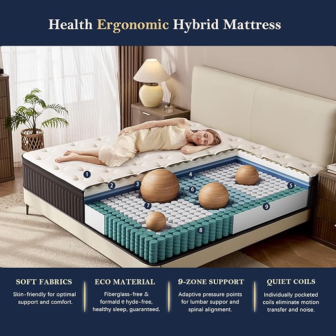 HELFIM® Twin Size Mattress - 10 Inch Medium Firm Ergonomic Mattress with Hybrid Zoned Pocket Springs & Memory Foam for Back Support & Motion Isolation - CertiPUR-US Certified