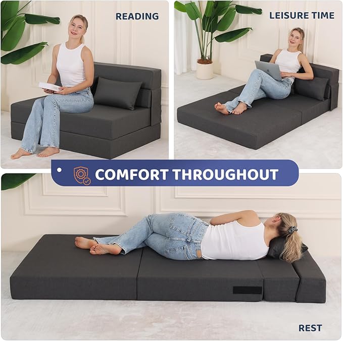 Folding Sofa Bed, Foldable Sleeper Chair with Pillow, Convertible Fold Out Chair Bed with Washable Cover, Foldable Mattress for Living Room, Bedroom, Guest Room, Single Size, Dark Grey