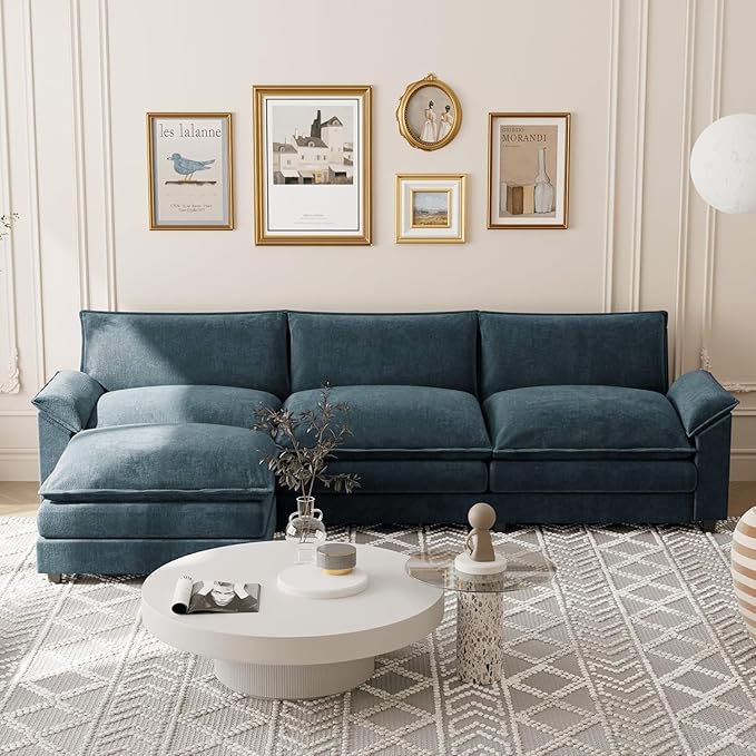Shahoo Sectional Modular Sofa L Shaped Chenille Fabric Couch with High Supportive & Soft Sponges and Removable Ottoman, Sleeper Comfy Upholstered Furniture for Living Room, Blue