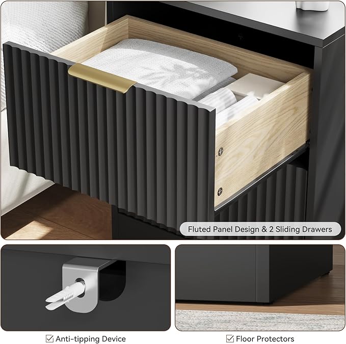 7 Drawer Dresser & Nightstand Set 3-Piece, 55” Wide Bedroom Dressers and Night Stand Set of 2 with Metal Handle, Fluted Modern Wood Chest of Drawers Storage Dressers Set for Bedroom, Black