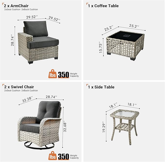 ovios 6 Piece Patio Sectional Furniture with Swivel Rocking Chairs, Rattan Wicker Coversation Set with Glowing Coffee Table, Outdoor Sofa Set for Outside Porch Balcony Backyard Pool, Black