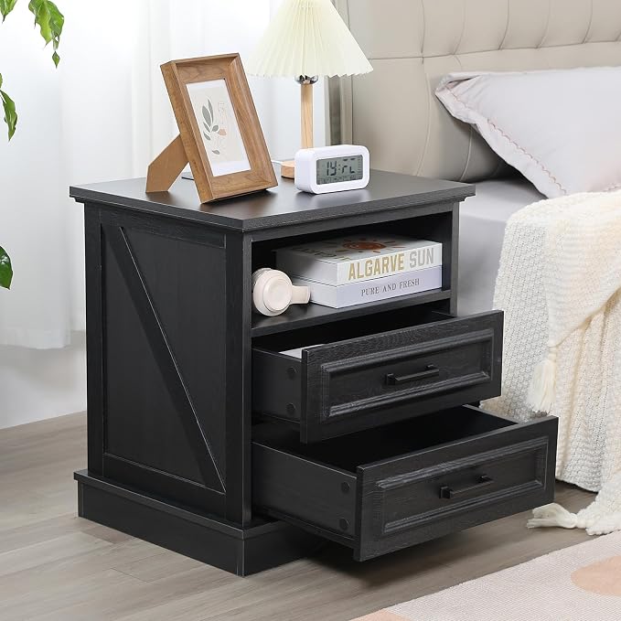 Farmhouse Night Stands Set of 2, Wood Nightstand with Charging Station, 22" Wide End Table with 2 Drawers, Black Bedside Cabinet for Bedroom - Image 2