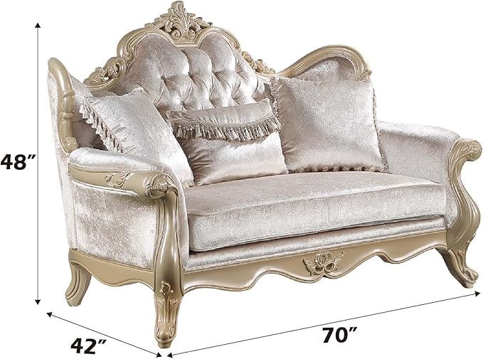 Acme Libertee Fabric Upholstered Loveseat with 3 Pillows in Beige/Champagne