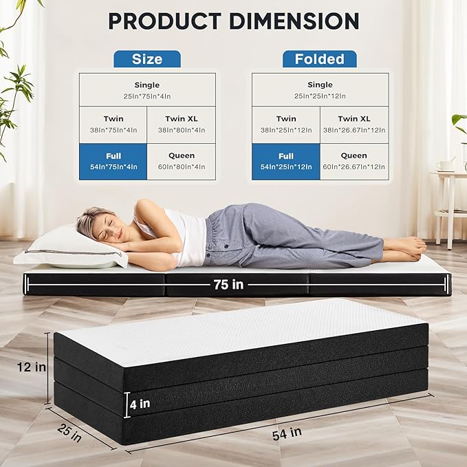 OLIXIS 4 Inch Full Size Tri-fold Memory Foam Mattress, Foldable Portable Floor Bed with Washable Cover, CertiPUR-US Certified Collapsible Mat for Kids, Adults, Travel, Camping & Yoga