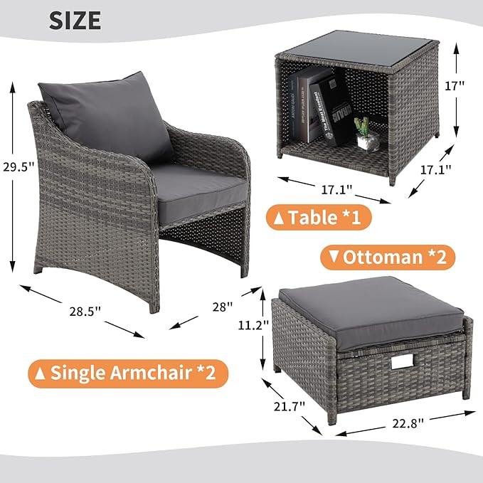 HOMREST 5 Piece Balcony Furniture, All Weather PE Wicker Rattan Patio Furniture Set, Cushioned Patio Chairs Set of 2 w/Ottoman&Table, Outdoor Lounge Chair for Lawn Pool Balcony, Grey