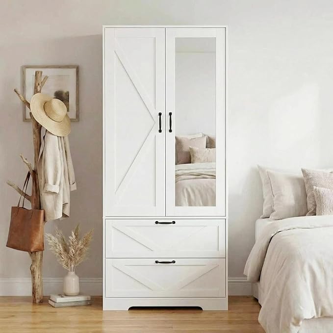 White Armoire Wardrobe Closet with Mirror Door and LED Lights,72" Tall Farmhouse Bedroom Armoire with Drawers and Adjustable Shelves,Wooden Armoire Wardrobe Closet for Bedroom