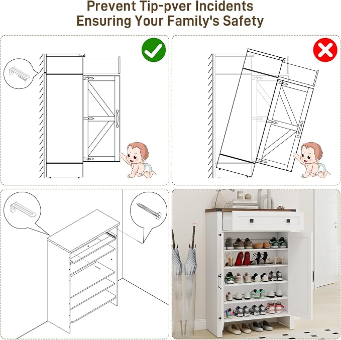 Halitaa Shoe Cabinet, Farmhouse Shoe Storage Organizer, Shoe Storage Cabinet with Doors & Drawer, Boots High-Shoe Cabinet Organizer for Entryway Living Room Hallway, White - Image 6