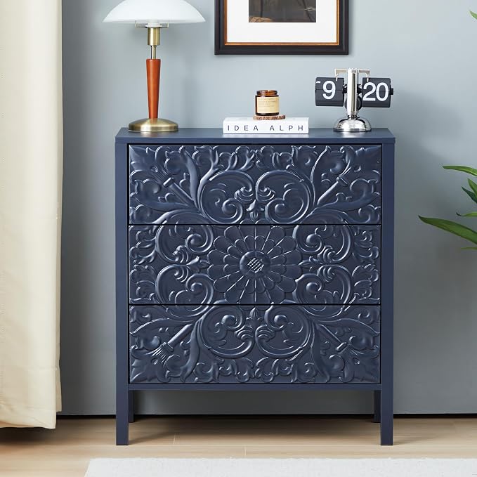 weselon Carving 3 Drawer Dressers for Bedroom, Wide Chest of Drawers with Storage, Accent Luxury Nightstand Small Dresser for Hallway Living Room Entryway Office (1, Gray Blue) - Image 3