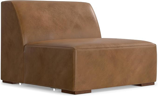 SIMPLIHOME Rex Center Sofa Module in Full-Grain Genuine Leather, Caramel Brown, 34-inches Wide, Handcrafted Modern-Style Armless Sofa or Armless Chair for Living Room and Family Room