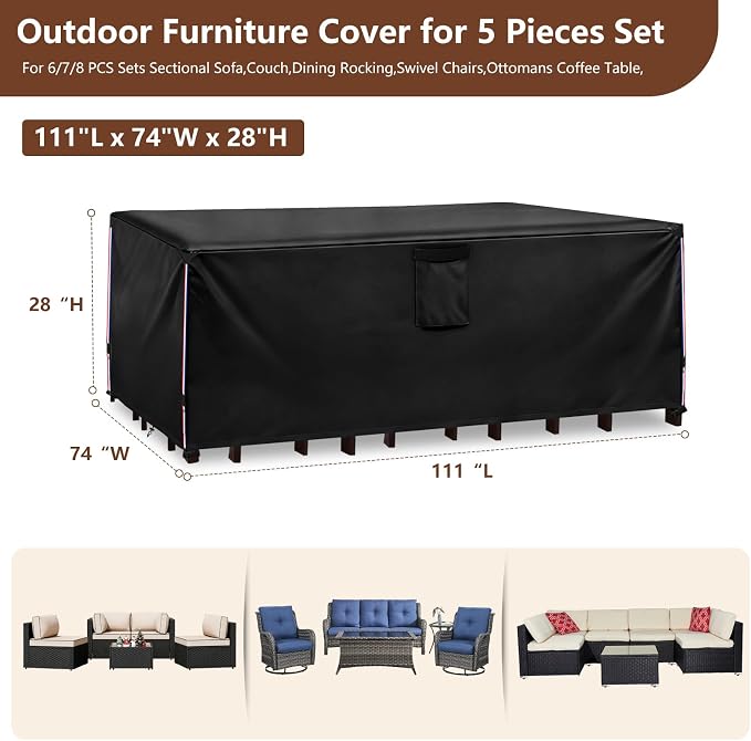 Patio Furniture Covers Waterproof,Heavy Duty Outdoor Furniture Covers, Rectangle Patio Table Cover Fits 5-8Piece Sectional Set Outdoor Chair Couch Table Sets (111" L x 74" W x 28" H) - Image 2