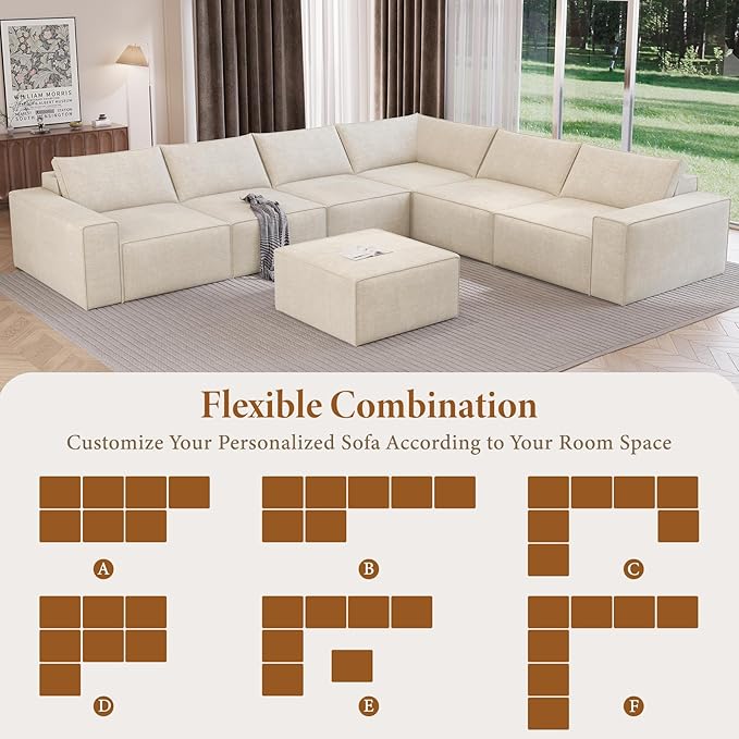 Vesgantti 143.7" Boneless Couch for Living Room, 6 Seater Modular Sectional Sofa with Ottoman & Deep Seat, Convertible Chenille Oversized Cloud Couches, No Assembly Required, Beige