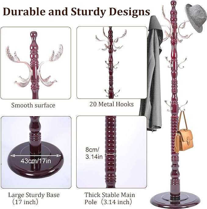 73'' Vintage Coat Racks Freestanding with 20 Metal Hooks, Solid Wood Coat Rack Hanger Stand with 3 Adjustable Size, Heavy Duty Coat Rack Tree for Entryway, Bedroom, Hallway, Office, Apartment - Image 4