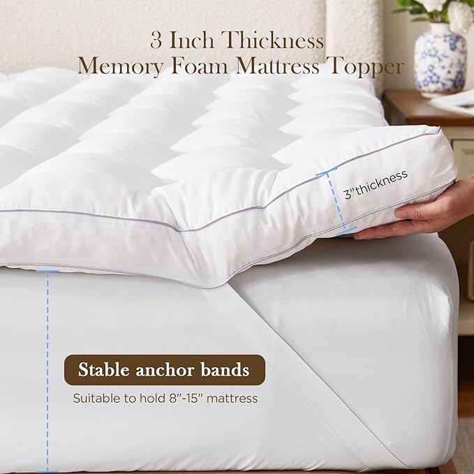 Decroom 3 Inch Memory Foam Mattress Topper Queen for Back Pain Relief, Filled with Breathable Memory Foam Pillow Topper Soft Fluffy Supportive Bed Mattress Pad, 80x60x3 in