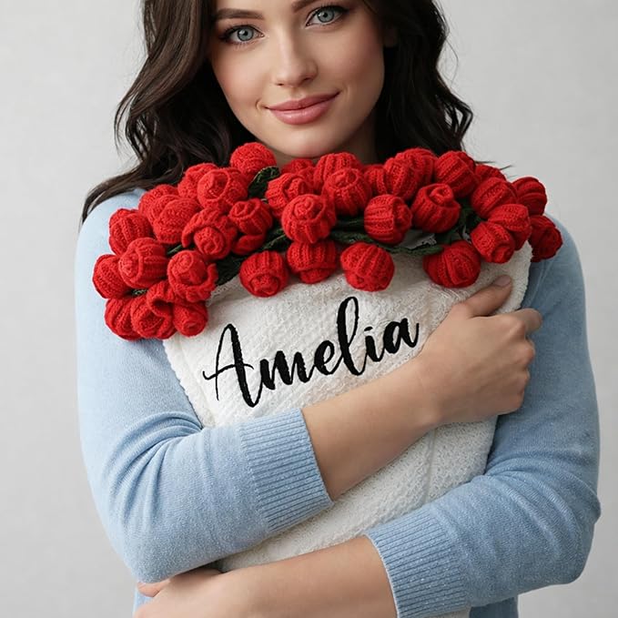 Personalized Handmade Crochet Rose Flower Blanket Bouquet – Custom Name Gift for Mother's Day, Valentine’s Day, Mom or Girlfriend（Red）