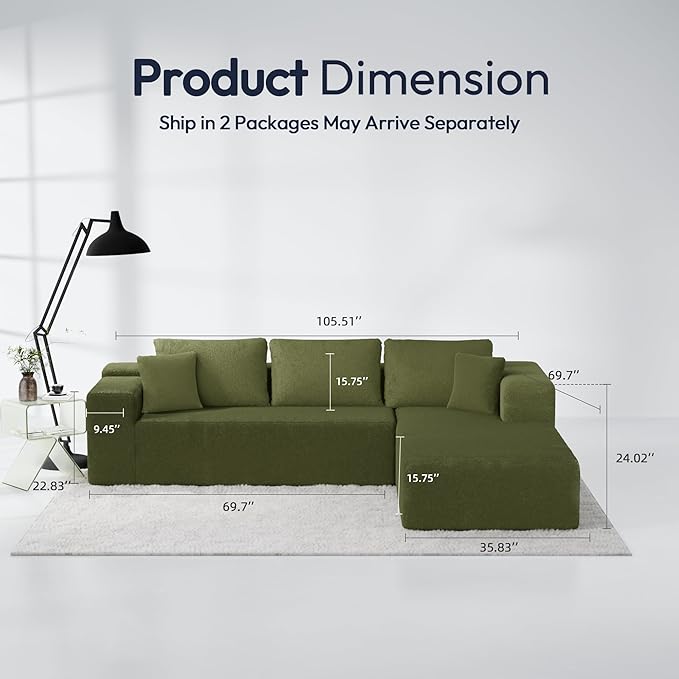 Cloud Sectional Couch, 105" Modular Sectional Sofa with Left Chaise Lounge, Modern Modular L-Shape Sofa with Pillows & Deep Seat, Wool Fabric Boneless Couches for Living Room Bedroom, Green