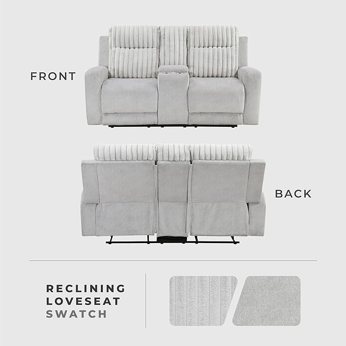 Lexicon Modern Double Recliner Loveseat with Center Console, Manual Wall Hugger Textured Microfiber Love Sac Couch, Plush Corduroy Channel Seat Back, Manual Recliner Loveseat, Light Gray