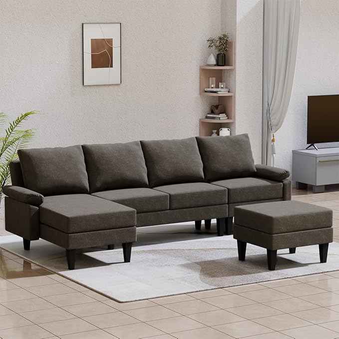 115 Inch Modular Sectional Sofa with Storage Ottoman, Modern L-Shaped Sectional Couch with Chaise, Chenille Couch for Living Room, Apartment or Small Spaces, Brown
