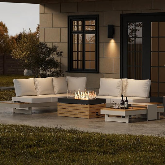 homary Patio Conversation Sets with Fire Pit-Modular Outdoor Sofa Aluminum & Teak Outdoor Sofa Se with Glass Wind Guard Ideal for Patios & Balconies, Light Gray