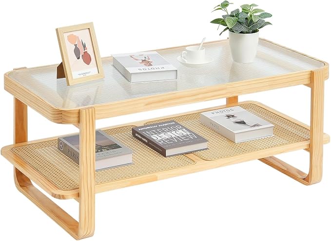 VEVOR Rattan Coffee Table, Rectangle Rattan Woven Wood Coffee Table with Tempered Glass Top, 45-Inch Modern Boho Storage Coffee Table with Natural Wood Legs, for Living Room, Bedroom & Small Spaces