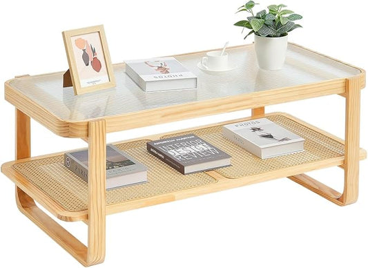 VEVOR Rattan Coffee Table, Rectangle Rattan Woven Wood Coffee Table with Tempered Glass Top, 45-Inch Modern Boho Storage Coffee Table with Natural Wood Legs, for Living Room, Bedroom & Small Spaces