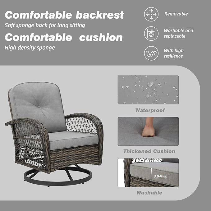 EROMMY 3 Pieces Outdoor Swivel Rocker Patio Chairs, 360 Degree Rocking Patio Conversation Set with Thickened Cushions and Glass Coffee Table for Backyard, Grey