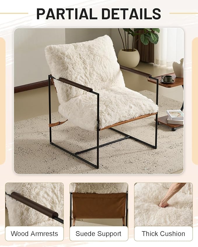 Karl home Modern Accent Chair Plush Fleece Upholstered Living Room Chair with Metal Frame Wooden Armrest Comfy Lounge Armchair for Living Room, Bedroom, Balcony, Reading Room, Creamy