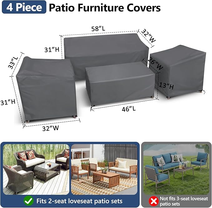 STARTWO Patio Furniture Covers, 4 Piece Heavy Duty Waterproof Outdoor Furniture Cover with Windproof Buckle Strap, for Lawn Rattan Wicker Couch Chair Set, Grey - Image 2