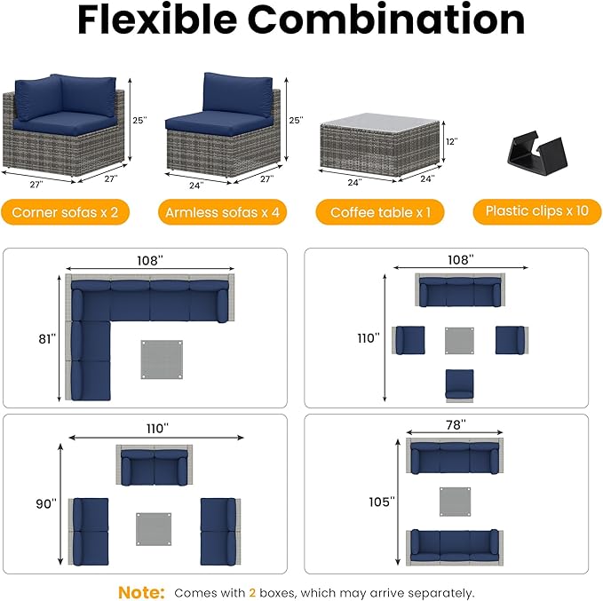 SUNVIVI OUTDOOR 7 Piece Patio Furniture Sets All Weather Gery PE Wicker Couch Sofa with Glass Table, Removable Navy Cushions