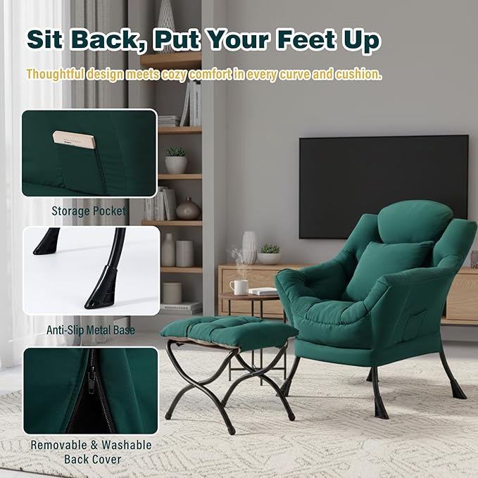Lazy Chair with Ottoman, Large Accent Chair with Ottoman and a Throw Pillow, Dark Green Reading Chair for Living Room Bedroom Dorm Room Office Apartment Relaxing Use