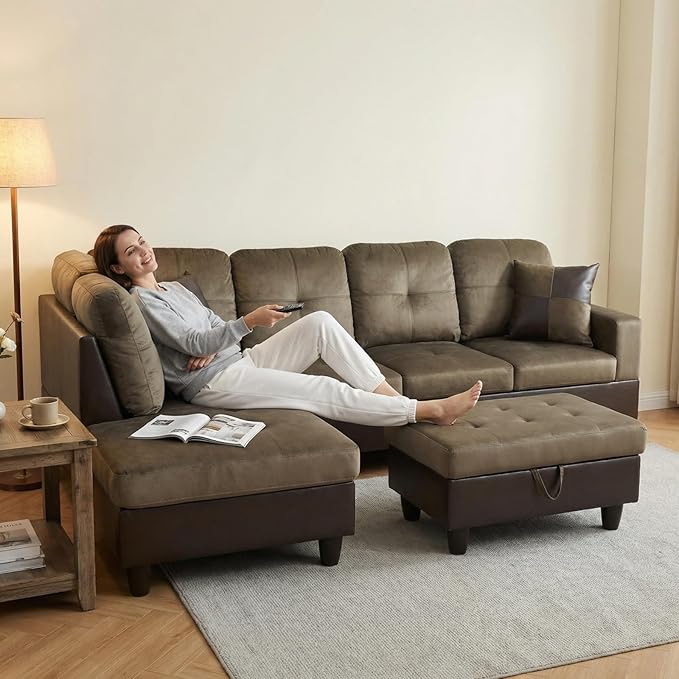L-Shape Sofa with Storage Ottoman, Flannel Sectional Couch with Left Chaise, Modern 3-Piece Sofa Set for Living Room, Upholstered Couch Set with Solid Wood Frame for Apartment, Loft, Taupe