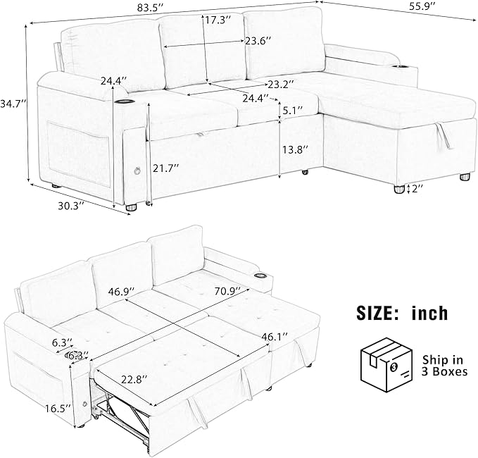 Eafurn 83.5" Sleeper Sectional Sofa with Pull Out Couch Bed, Convertible L-Shaped Sofa with Storage Chaise, Quick Assemble Sleeper Corner Sofa with Cup Holders & USB Ports