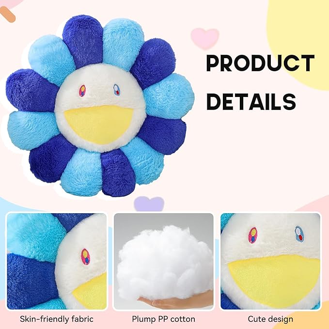 Flower Pillow,Colorful Flower Shaped Throw Pillow,Smiley Face Floor Cushions,Cute Sunflower Plush Pillows,Cute Plushie Room Decor,Mothers Day Decorative Pillows for Bed,Couch,Sofa,Car (Blue,15.7In)