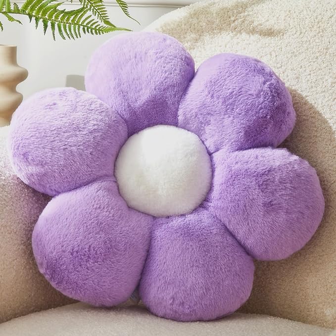 Purple Flower Pillow，23.62In Floor Pillow Cushion Daisy Flower Shaped Throw Pillow Cute Seating Cushion Home Decorative Pillows for Sofa Couch Bed