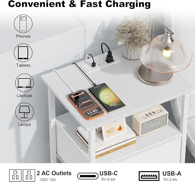 Side Table with Charging Station, Nightstand with Adjustable Fabric Drawer, Bedside Table for Bedrooms, Living Rooms & Home Decor (White) - Image 4