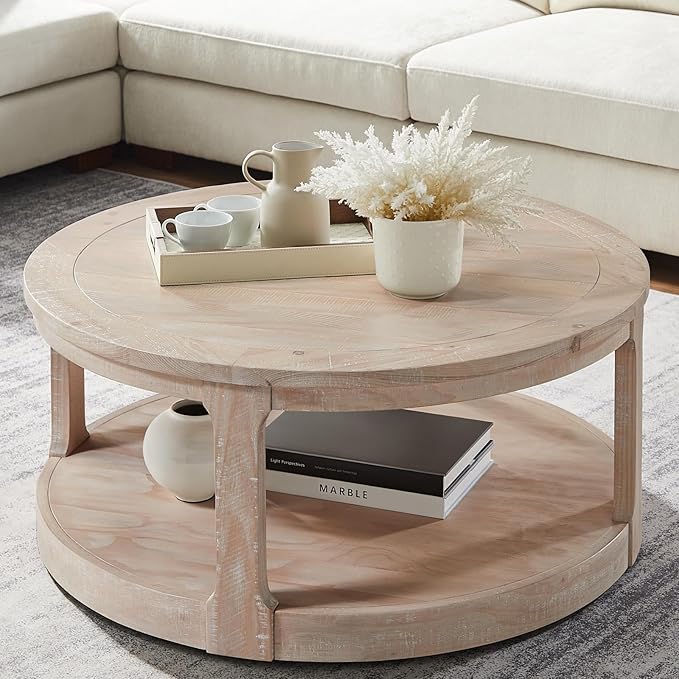 KEVINSPACE Round Coffee Table 40" Circle Coffee Table for Living Room 2-Tier Solid Wood Desktop Center Table Modern Design Accent Center Table Home Furniture for Bedroom, Home Office Oak